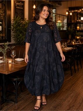 Yipinyichu Floral Textured Bubble Hem Dress – Black – XXL – New With Tags